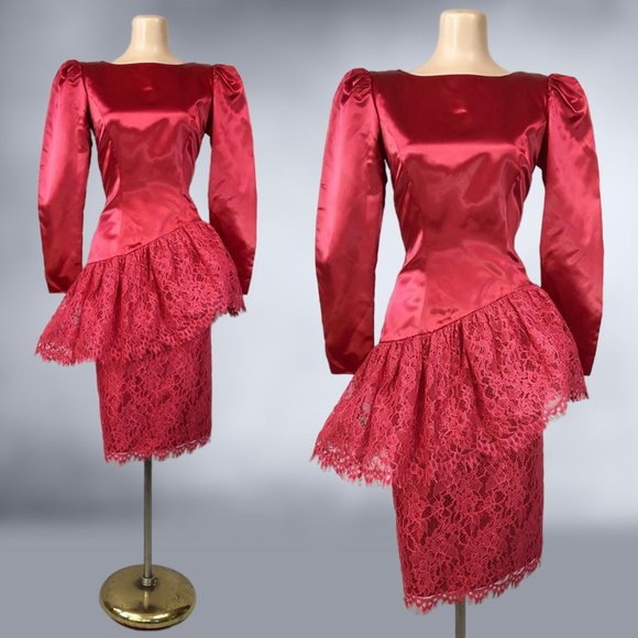 Vintage 80s Red Satin and Lace Peplum Cocktail Party Dress by Sylvia Ann Size 8 - Picture 3 of 10
